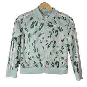 Adidas Girls Track Jacket Green Medium Lightweight Ribbed Tricot Full Zip Floral
